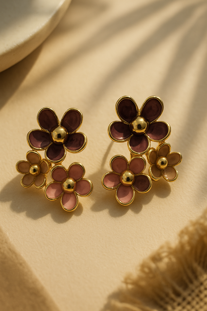Unique enamel flower earrings with gold finish, botanical design