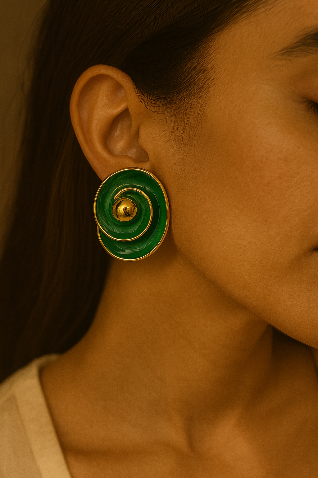 Unique geometric spiral earrings in glossy green and gold