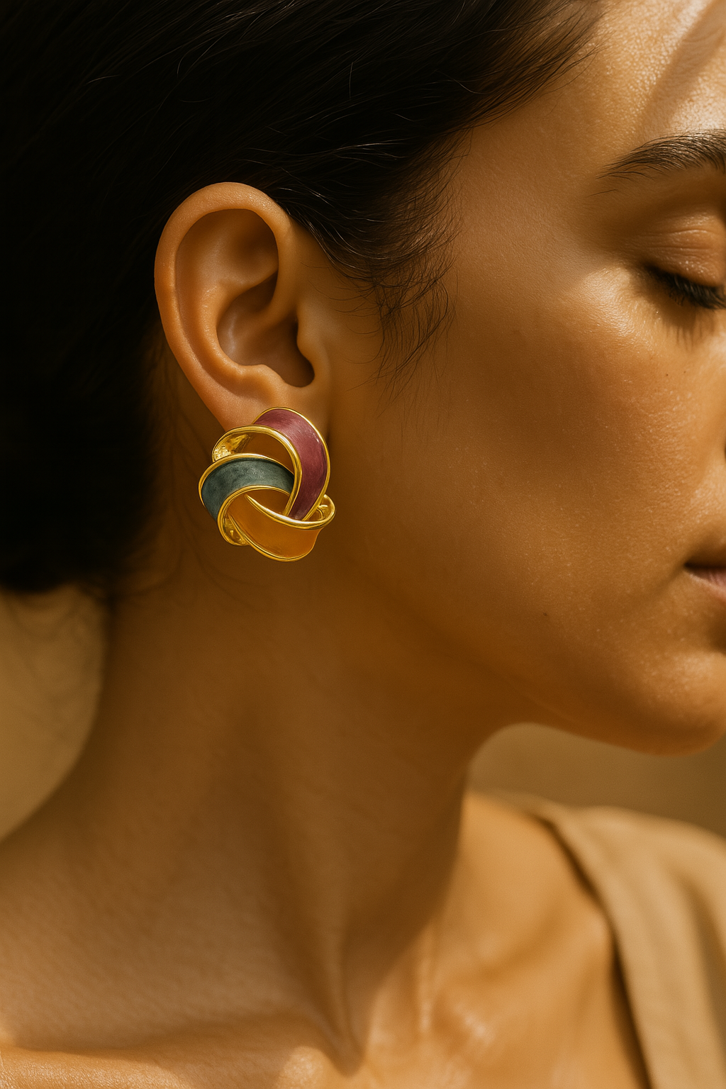 Multicolor abstract twist earrings with glossy enamel finish – bold and elegant jewelry piece for modern looks.