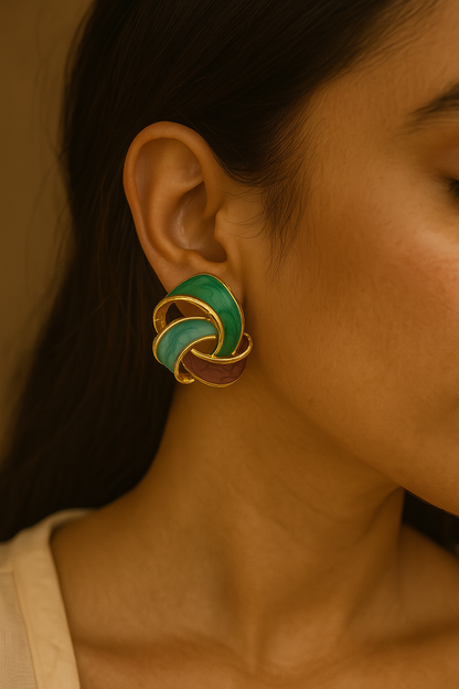 Multicolor enamel twist earrings in earthy green, blue, and brown tones – modern statement jewelry with gold accents