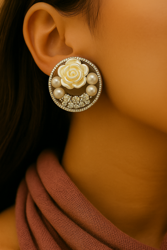 Vintage-inspired handmade earrings with pearl flower design and shimmering crystal detailing