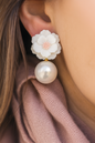 White floral polymer clay earrings with pearl drops – elegant handmade accessories for women