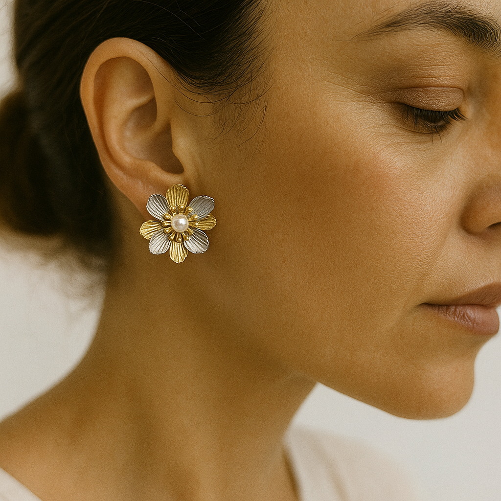 flower-shaped anti-tarnish earrings with textured petals and pearl detailing – stylish ethnic accessory for women