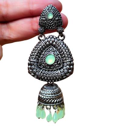 Beautiful Pastel Light Green Gemstone Oxidized Silver-Tone Jhumka Earrings